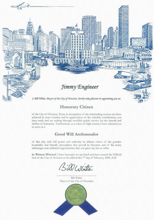 City of Houston proclamation — Goodwill Ambassador and Honorary Citizen